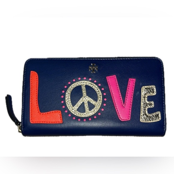 Tory Burch Peace Zip Continental Leather Wallet Navy Sea Retro Love Design - Picture 1 of 12